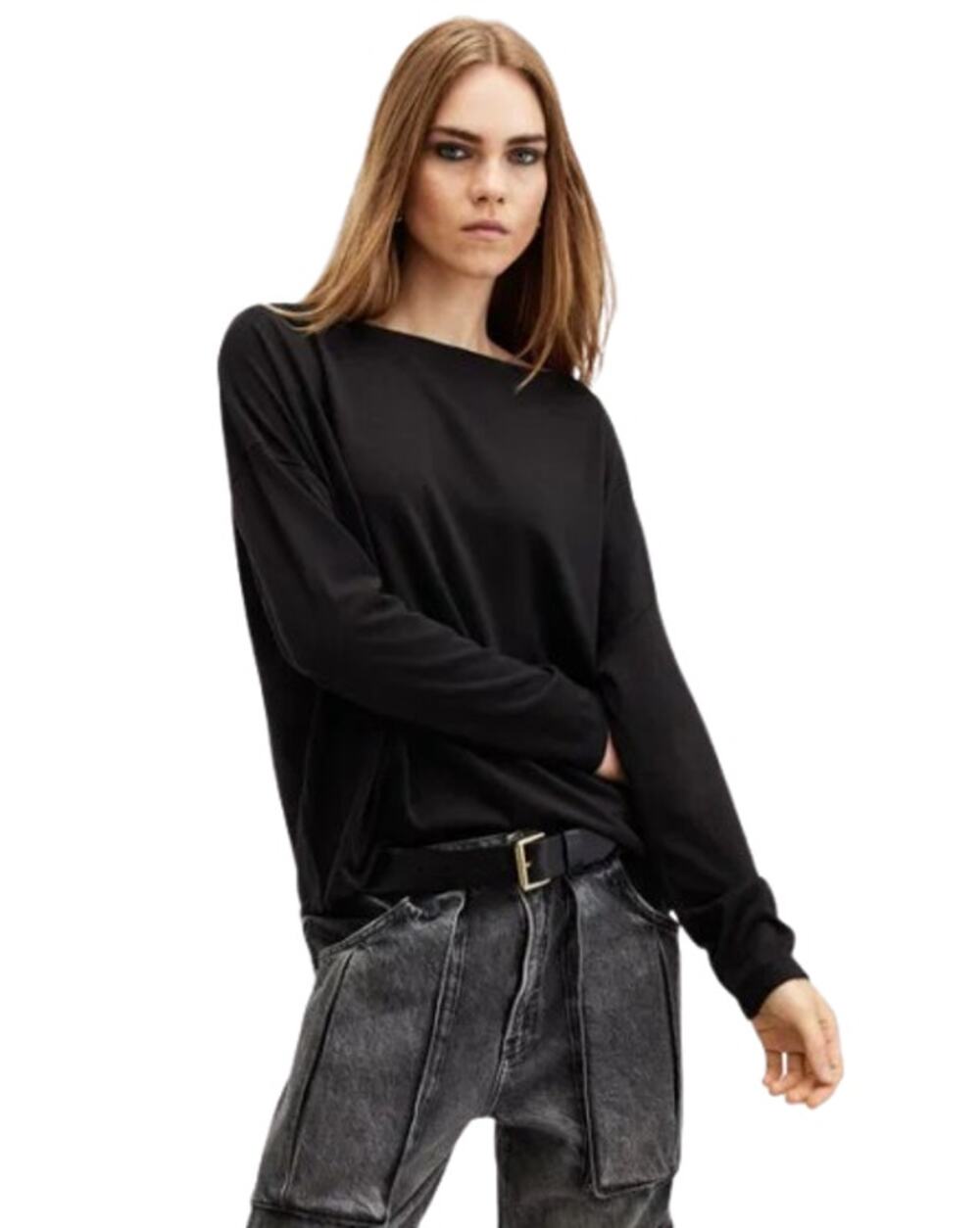 ALLSAINTS Women's Rita Oversized T-Shirt Large Black Long Sleeve NWT